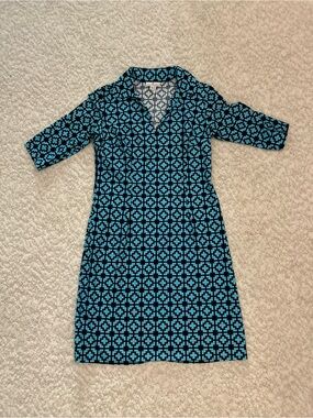 Jude Connally Navy Blue & Aqua Geometric Midi Print Dress - Size Small